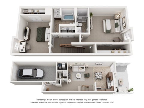 Floor plan for 2 beds, 2.5 baths, 1266 sqft